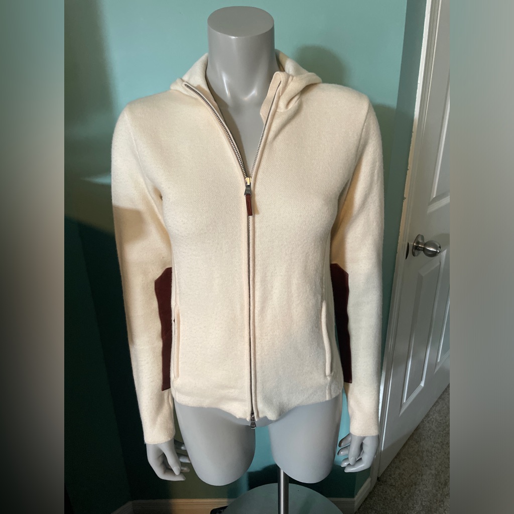 Cashmere Blend Cream Hooded Sweater With Soft Leather Details- Ladies Small